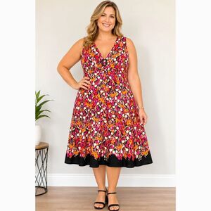 Notations Woman 2X Abstract Floral Fit Flare Dress Pink Orange Black Cotton Plus